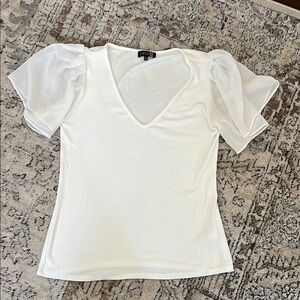 White V-Neck Top with Sheer Sleeves